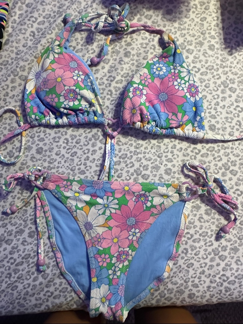 Floral Triangle Tie Bikini - Pink, Blue & Green, cross over on stomach.